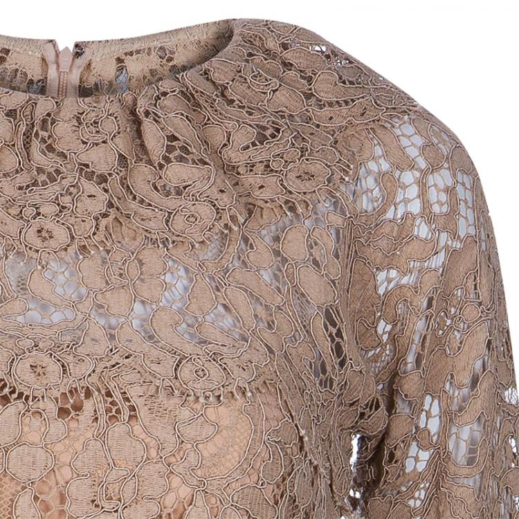 Pre Owned Dolce and Gabbana Beige Long Sleeve Lace Dress S