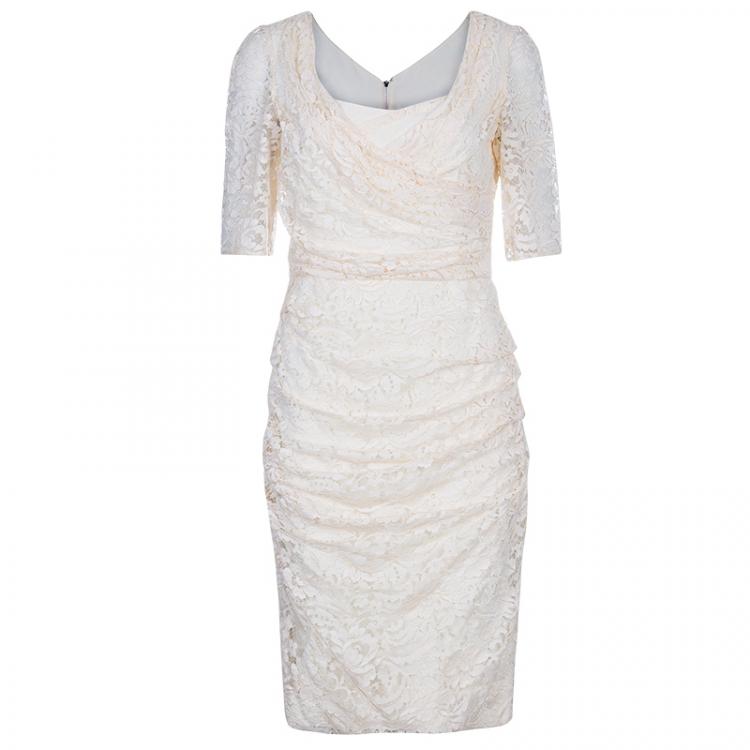 Pre Owned Dolce and Gabbana Cream Lace Short Sleeve Dress M