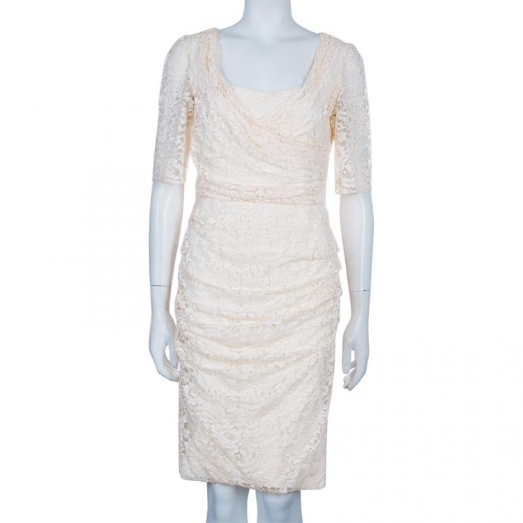 Pre Owned Dolce and Gabbana Cream Lace Short Sleeve Dress M