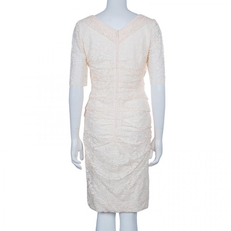 Pre Owned Dolce and Gabbana Cream Lace Short Sleeve Dress M