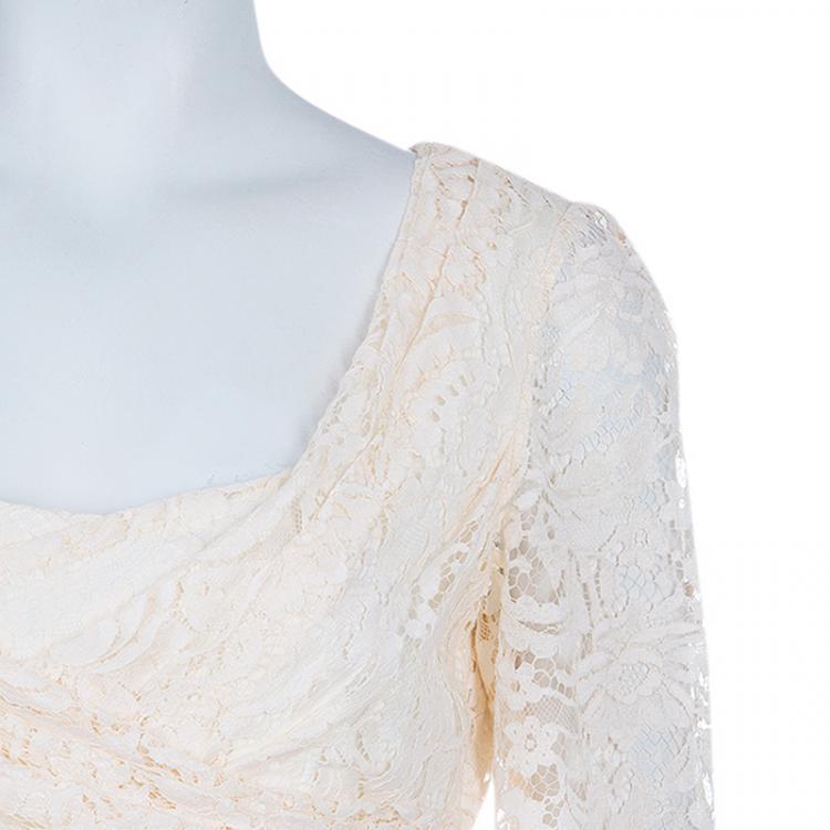 Pre Owned Dolce and Gabbana Cream Lace Short Sleeve Dress M