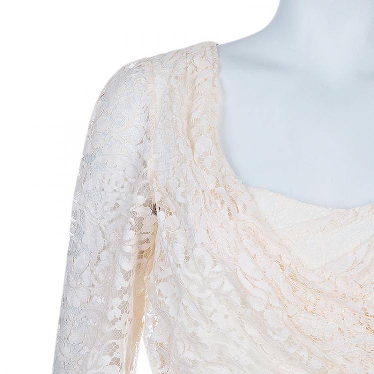 Pre Owned Dolce and Gabbana Cream Lace Short Sleeve Dress M