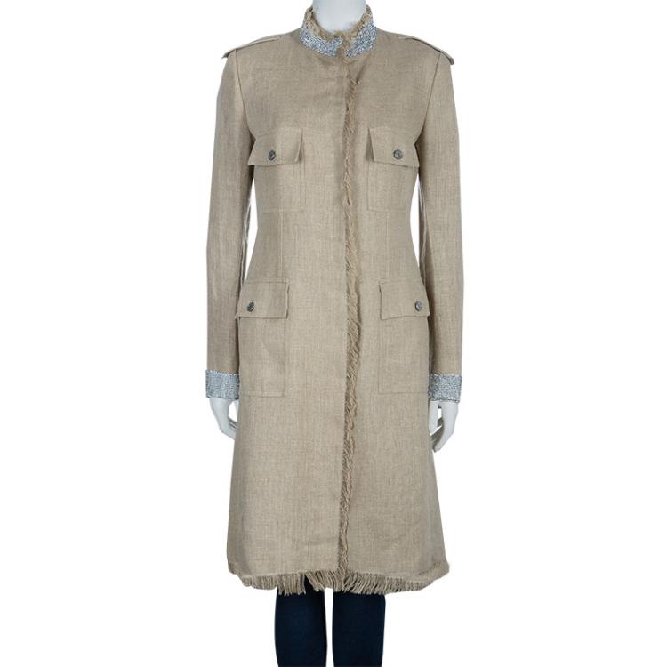 Pre Owned Dolce and Gabbana Beige Linen Embellished Coat M