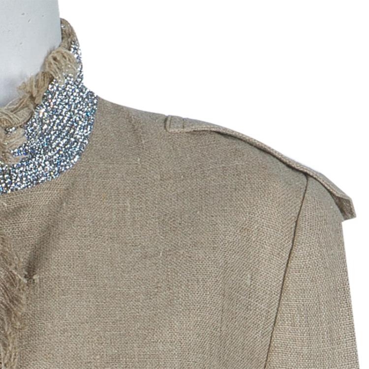 Pre Owned Dolce and Gabbana Beige Linen Embellished Coat M