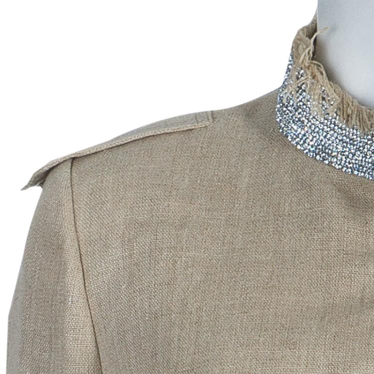 Pre Owned Dolce and Gabbana Beige Linen Embellished Coat M