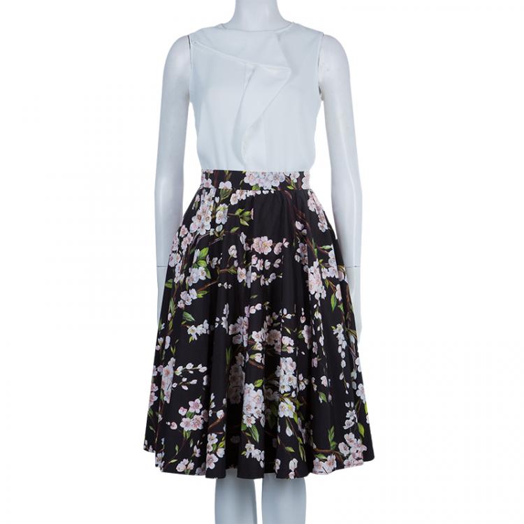 Pre Owned Dolce and Gabbana Black Floral Print Gathered Circular Skirt S