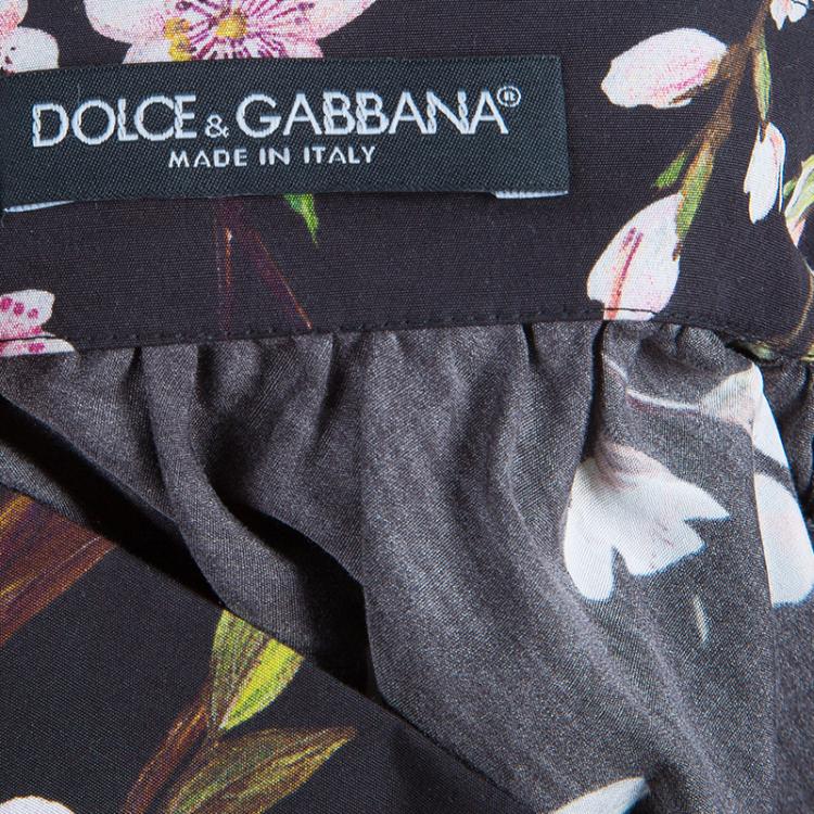 Pre Owned Dolce and Gabbana Black Floral Print Gathered Circular Skirt S