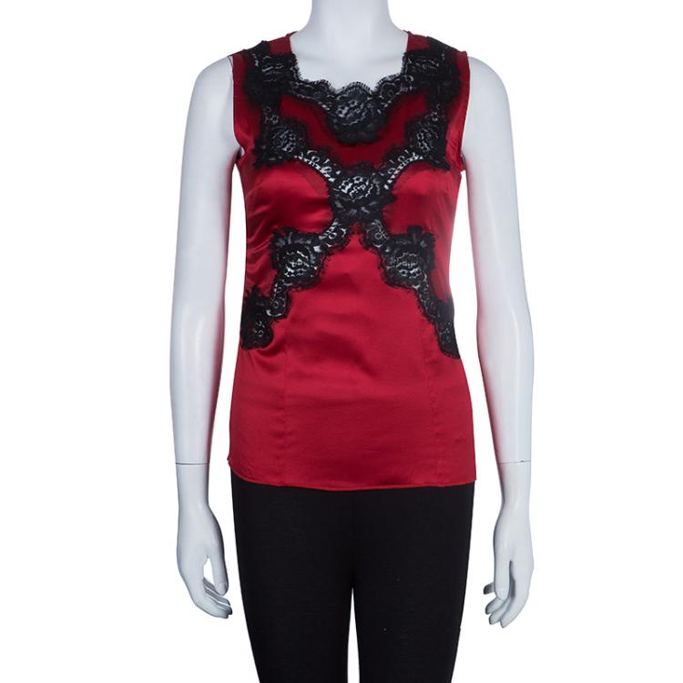 Pre Owned Dolce And Gabbana Red Silk Lace Top S