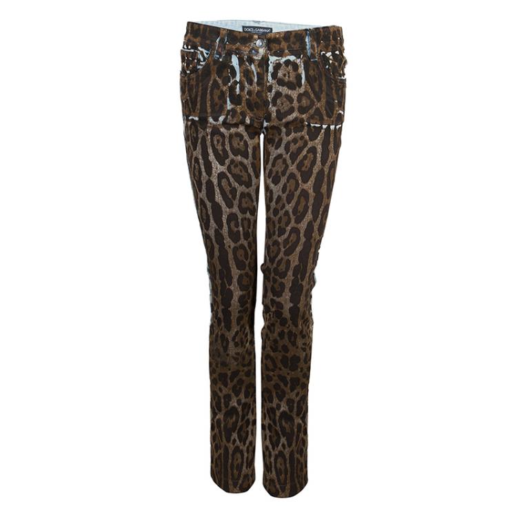 Pre Owned Dolce and Gabbana Brown Leopard Print Denim Jeans M