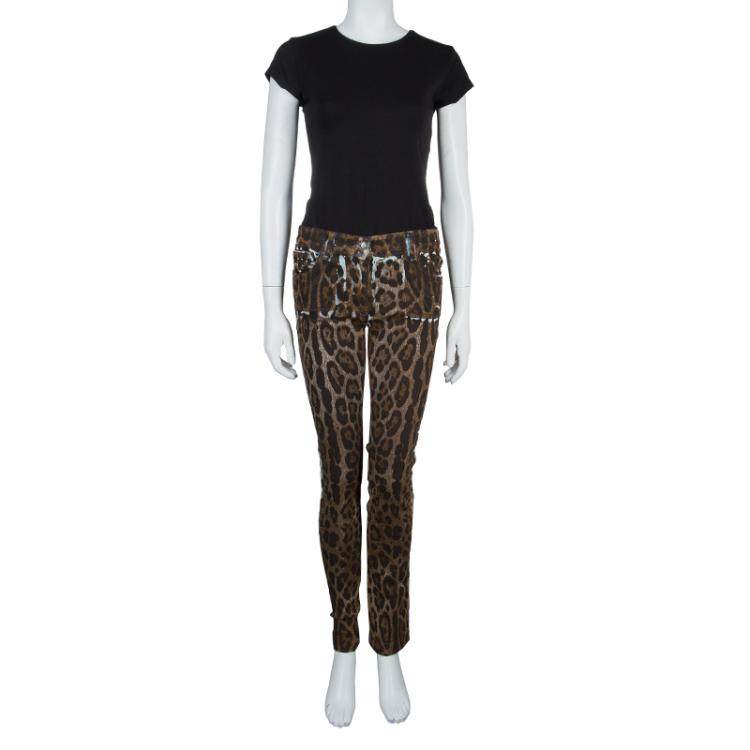 Pre Owned Dolce and Gabbana Brown Leopard Print Denim Jeans M