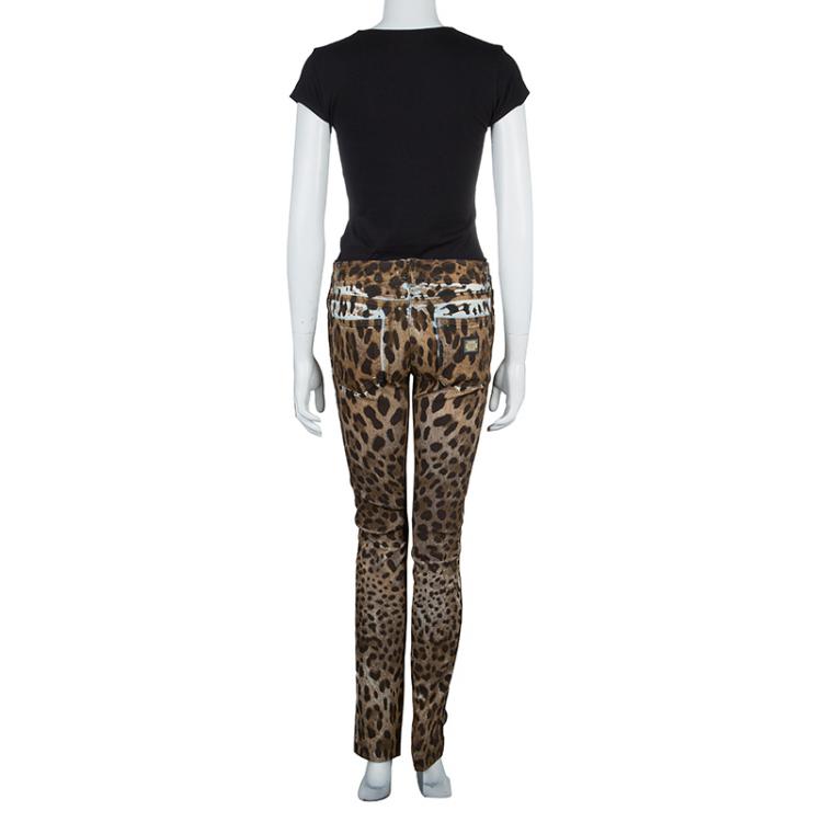 Pre Owned Dolce and Gabbana Brown Leopard Print Denim Jeans M