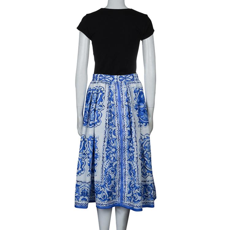 Pre Owned Dolce and Gabbana Blue Tile Printed Cotton Gathered Midi Skirt  M
