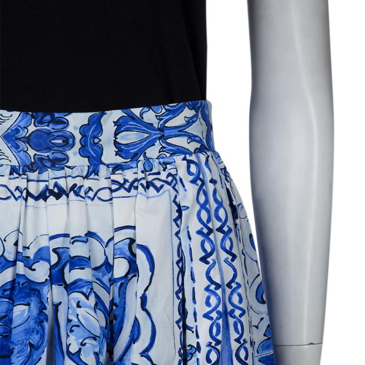 Pre Owned Dolce and Gabbana Blue Tile Printed Cotton Gathered Midi Skirt  M
