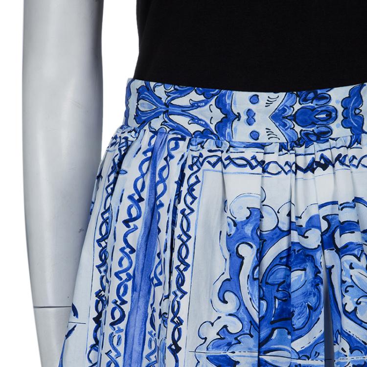 Pre Owned Dolce and Gabbana Blue Tile Printed Cotton Gathered Midi Skirt  M