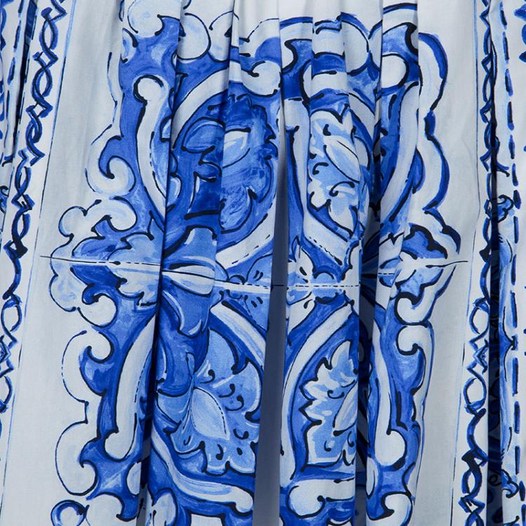 Pre Owned Dolce and Gabbana Blue Tile Printed Cotton Gathered Midi Skirt  M