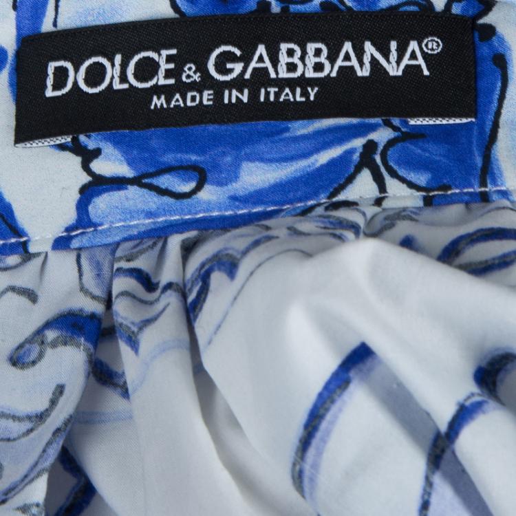 Pre Owned Dolce and Gabbana Blue Tile Printed Cotton Gathered Midi Skirt  M