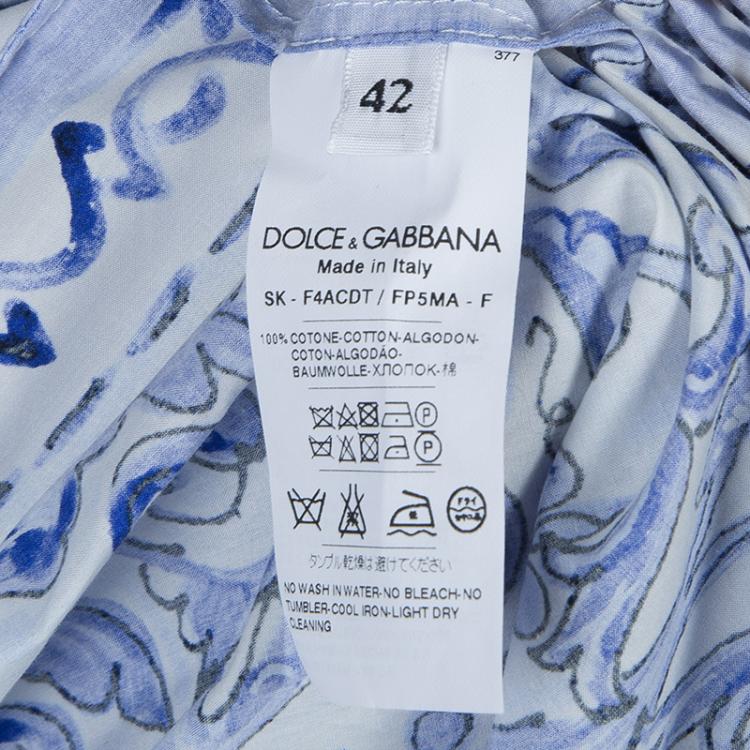 Pre Owned Dolce and Gabbana Blue Tile Printed Cotton Gathered Midi Skirt  M