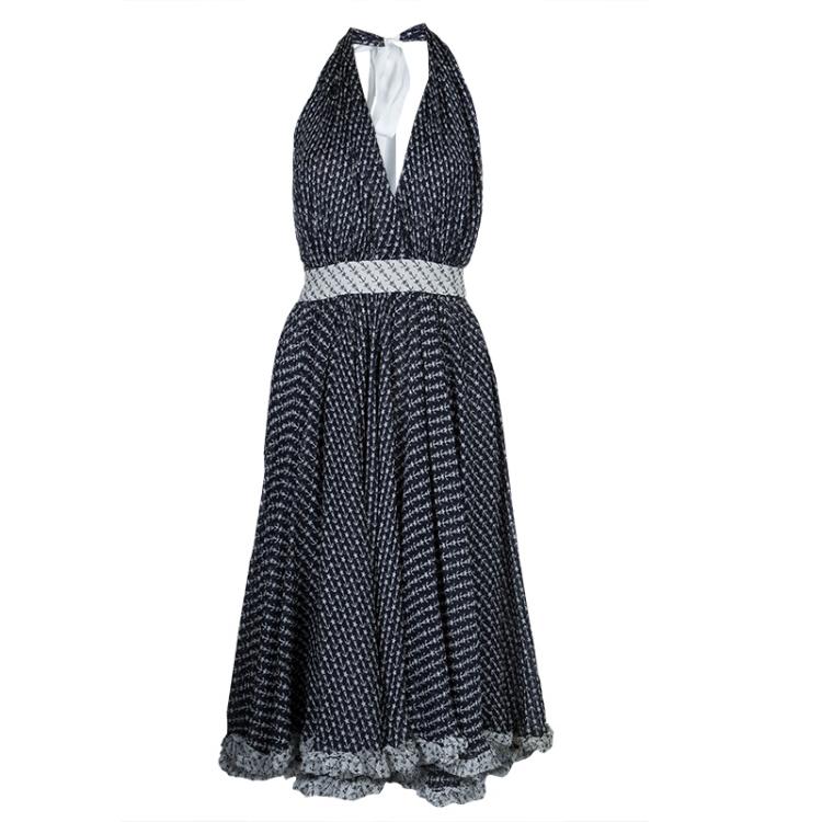 Pre Owned Dolce and Gabbana Navy Blue Anchor Print Gathered Halter Dress  M