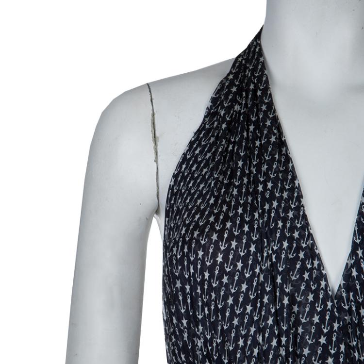 Pre Owned Dolce and Gabbana Navy Blue Anchor Print Gathered Halter Dress  M
