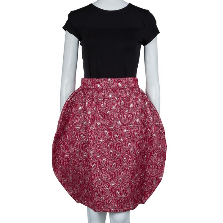 Pre Owned Dolce and Gabbana Red Embossed Lurex Jacquard Balloon Skirt S