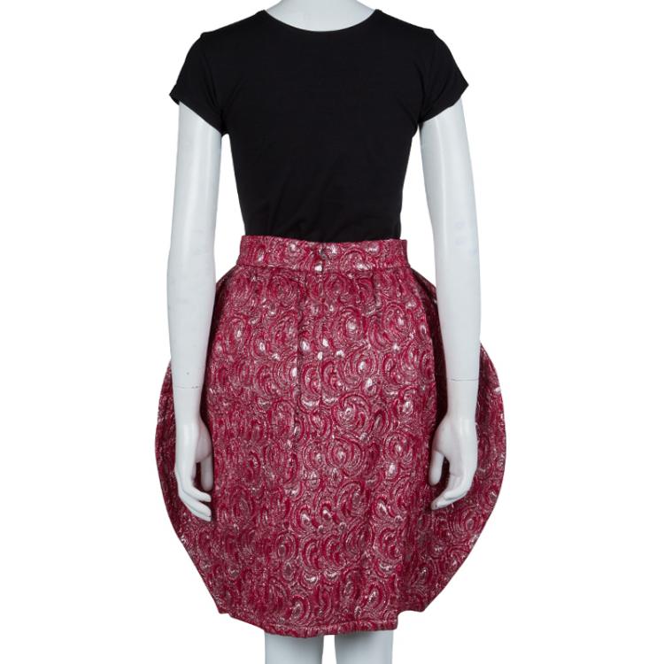 Pre Owned Dolce and Gabbana Red Embossed Lurex Jacquard Balloon Skirt S