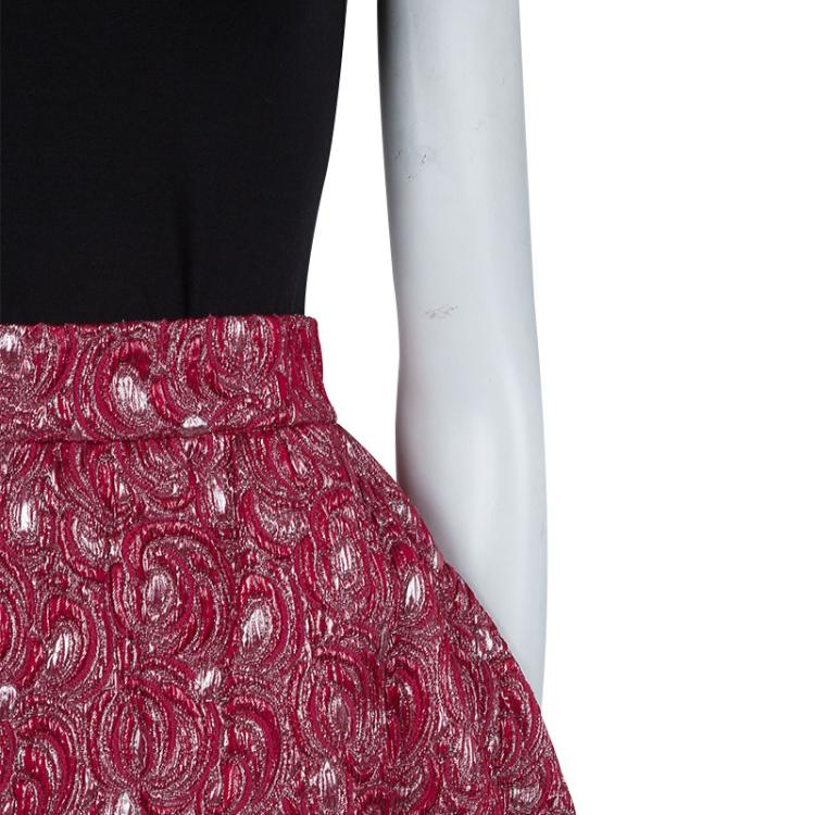 Pre Owned Dolce and Gabbana Red Embossed Lurex Jacquard Balloon Skirt S