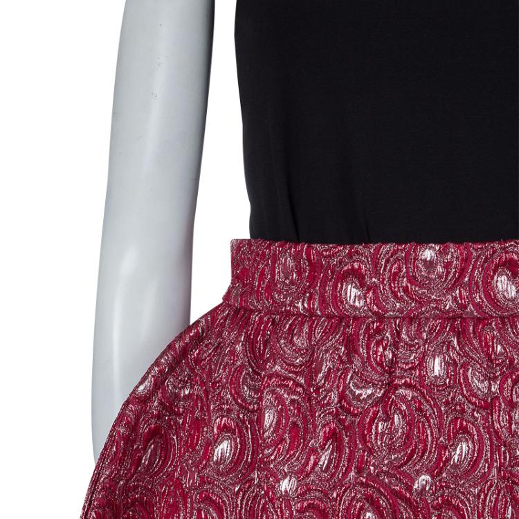 Pre Owned Dolce and Gabbana Red Embossed Lurex Jacquard Balloon Skirt S