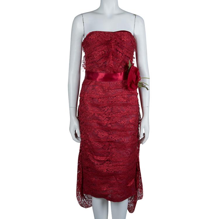 Pre Owned Dolce and Gabbana Red Floral Brooch Detail Strapless Lace Dress S
