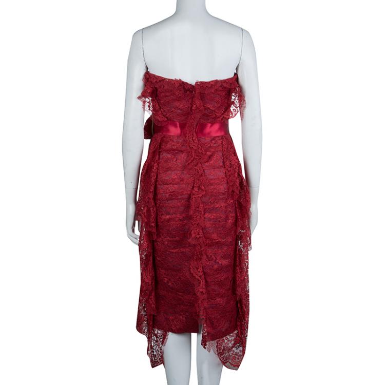 Pre Owned Dolce and Gabbana Red Floral Brooch Detail Strapless Lace Dress S