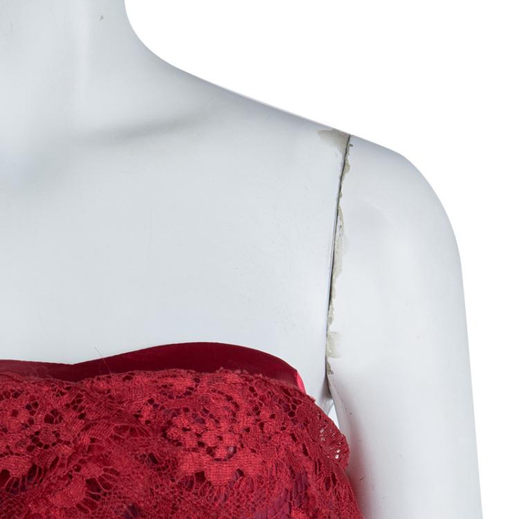 Pre Owned Dolce and Gabbana Red Floral Brooch Detail Strapless Lace Dress S