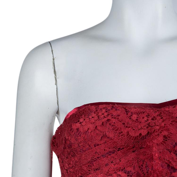 Pre Owned Dolce and Gabbana Red Floral Brooch Detail Strapless Lace Dress S