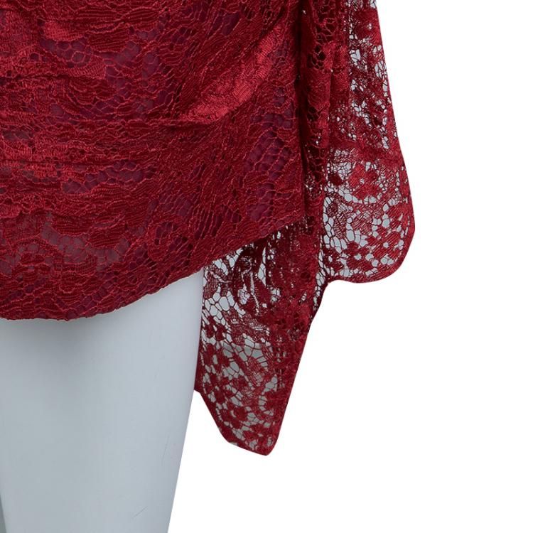 Pre Owned Dolce and Gabbana Red Floral Brooch Detail Strapless Lace Dress S