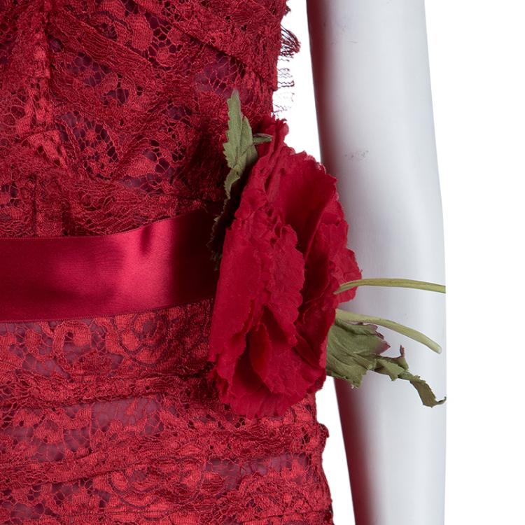 Pre Owned Dolce and Gabbana Red Floral Brooch Detail Strapless Lace Dress S