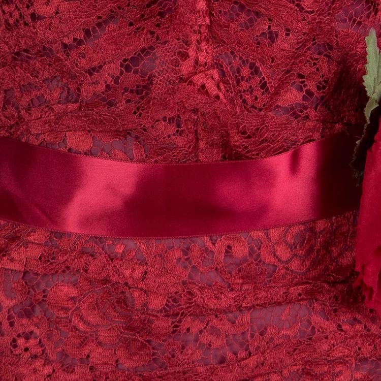 Pre Owned Dolce and Gabbana Red Floral Brooch Detail Strapless Lace Dress S