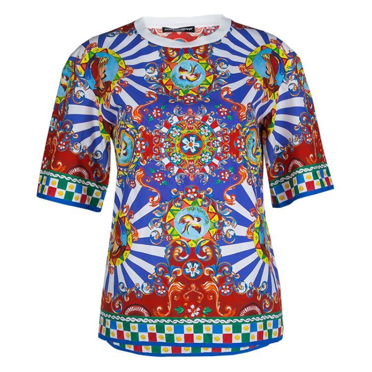 Pre Owned Dolce and Gabbana Multicolor Sicilian Cart Print Cotton Top XS