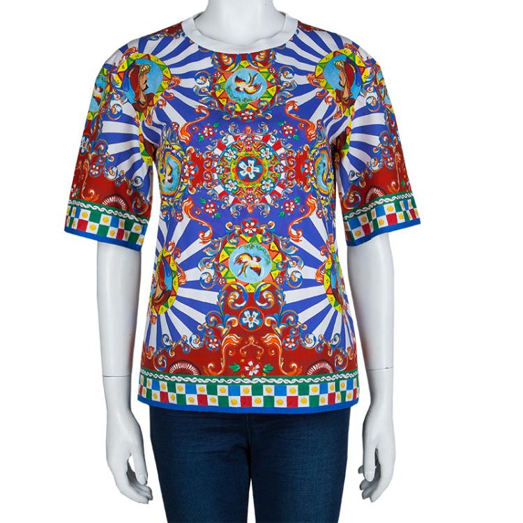 Pre Owned Dolce and Gabbana Multicolor Sicilian Cart Print Cotton Top XS