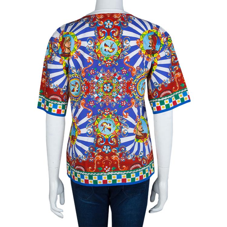 Pre Owned Dolce and Gabbana Multicolor Sicilian Cart Print Cotton Top XS