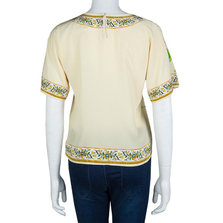 Pre Owned Dolce and Gabbana Beige Lemon Print Silk Top S