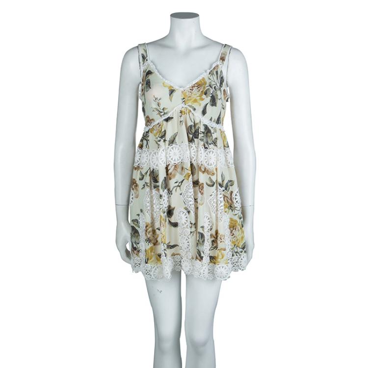 Pre Owned Dolce And Gabbana Beige Floral Print Lace Insert Dress M