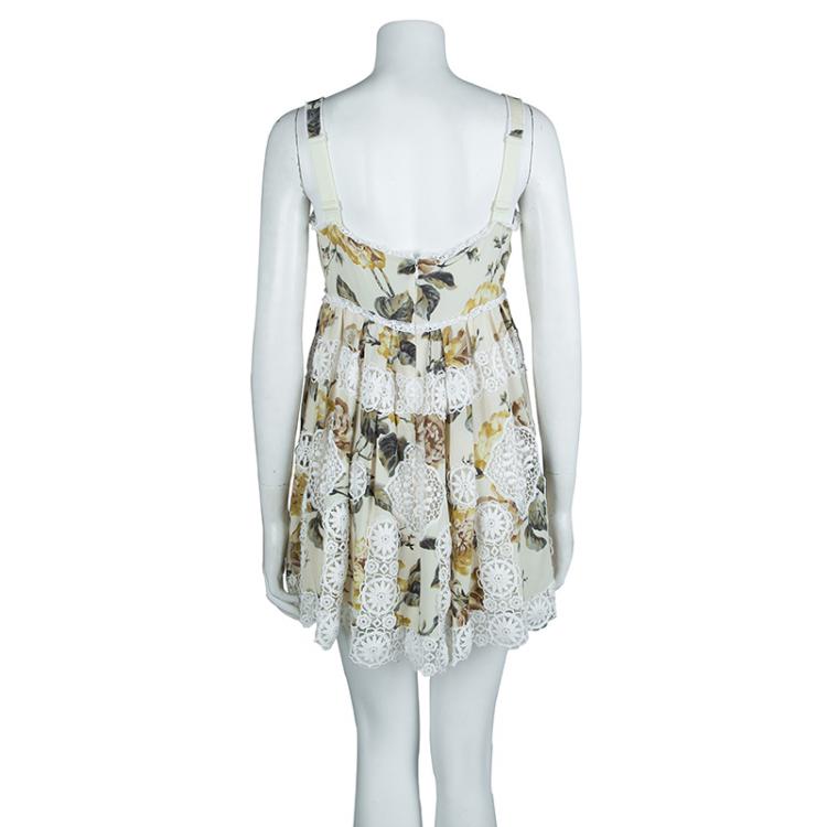 Pre Owned Dolce And Gabbana Beige Floral Print Lace Insert Dress M
