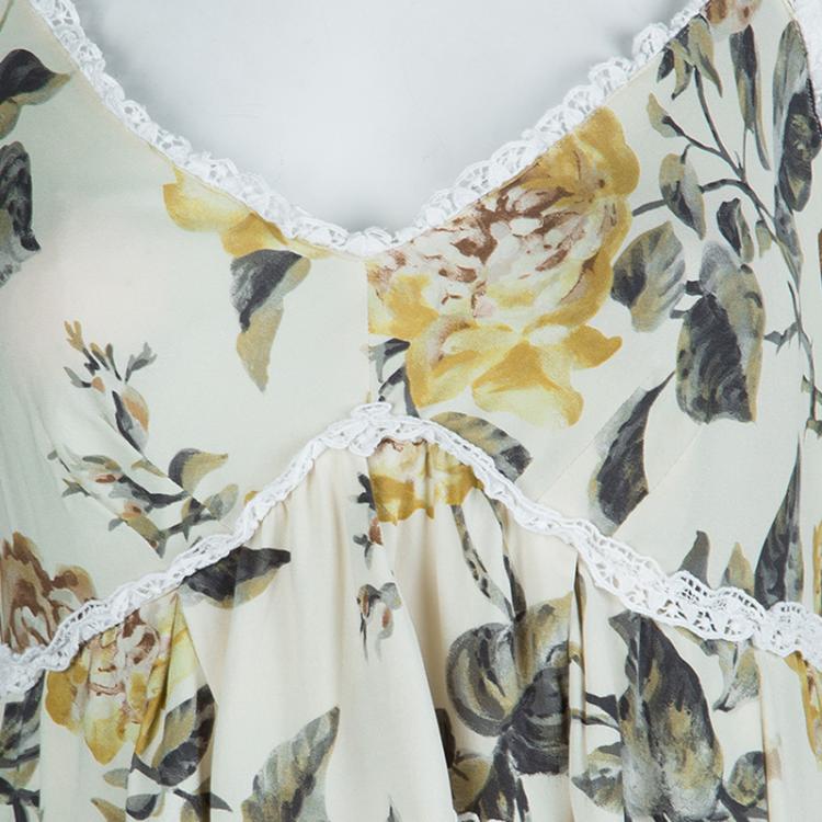 Pre Owned Dolce And Gabbana Beige Floral Print Lace Insert Dress M