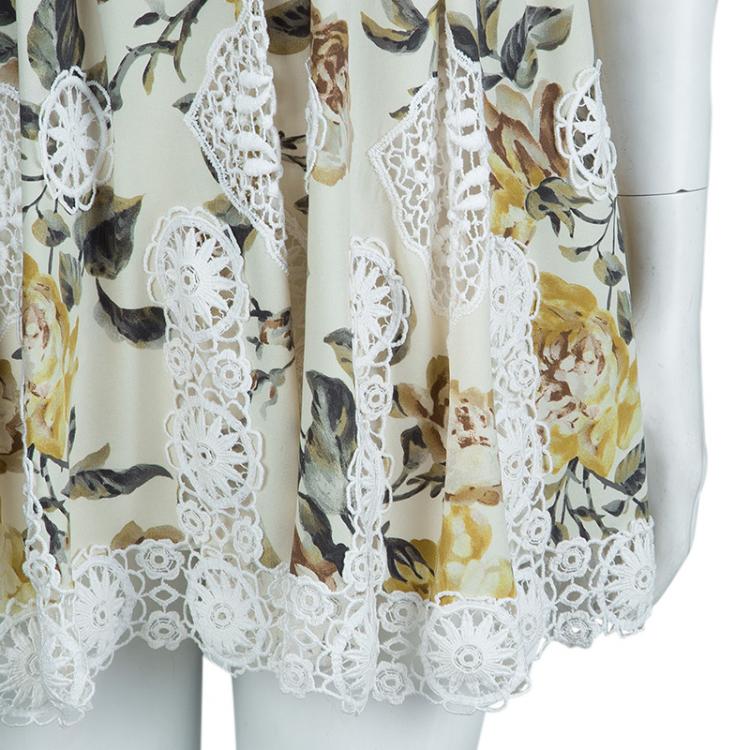 Pre Owned Dolce And Gabbana Beige Floral Print Lace Insert Dress M