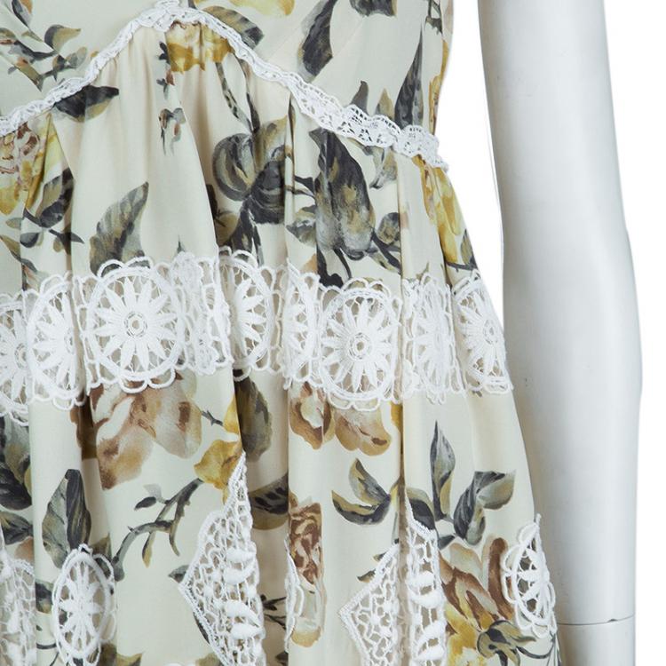 Pre Owned Dolce And Gabbana Beige Floral Print Lace Insert Dress M