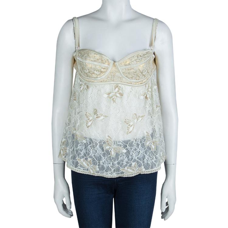 مملوكة مسبقًا Dolce and Gabbana Cream and Gold Lace Bustier Top L