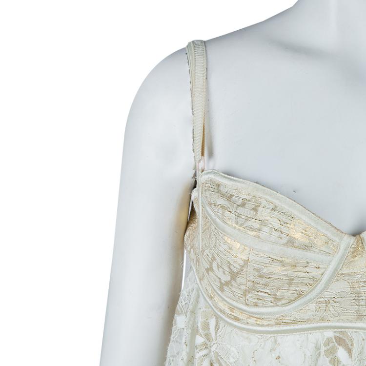 مملوكة مسبقًا Dolce and Gabbana Cream and Gold Lace Bustier Top L