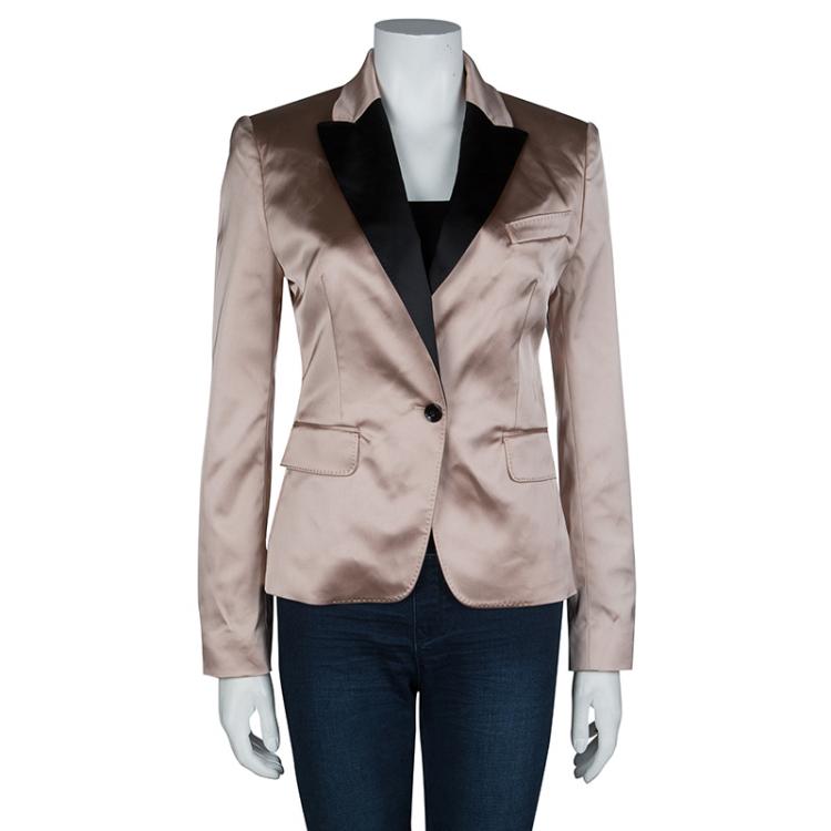 Pre Owned Dolce and Gabbana Pale Pink Contrast Notched Collar Detail Satin Blazer M