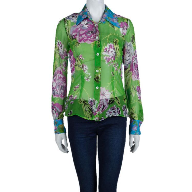 Pre Owned Dolce and Gabbana Multicolor Floral Print Sheer Chiffon Shirt M