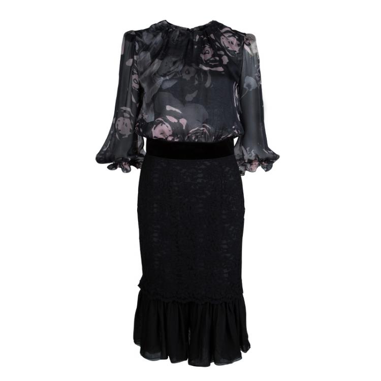 Pre Owned Dolce and Gabbana Floral Printed Sheer Silk and Lace Dress M