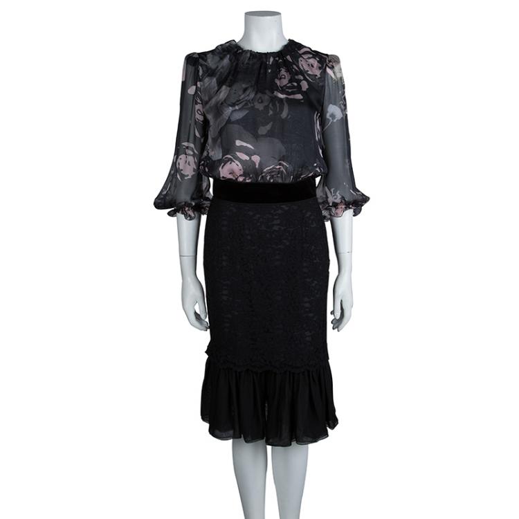 Pre Owned Dolce and Gabbana Floral Printed Sheer Silk and Lace Dress M
