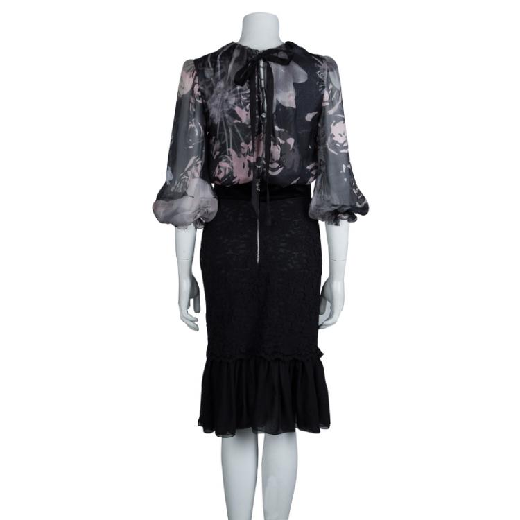 Pre Owned Dolce and Gabbana Floral Printed Sheer Silk and Lace Dress M